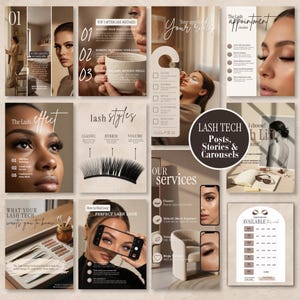May include: A collection of social media templates for lash technicians featuring neutral beige tones, typography, and imagery of eyes with eyelash extensions, service menus, appointment checklists, aftercare tips, and scheduling grids.