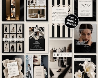 May include: A collection of digital social media templates featuring a monochromatic aesthetic with black, white, and beige tones. The designs include typography, fashion photography, abstract floral imagery, and structured layouts for posts, stories, and carousels.