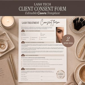 May include: An editable Lash Tech Client Consent Form template featuring sections for client information, treatment risks, acknowledgments, and signatures. The document includes a photograph of an eye and space for a logo, presented on a light background.