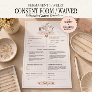 Puede incluir: Un formulario de consentimiento y exención de responsabilidad para joyería permanente en formatos A4 y US Letter. El documento incluye secciones para información del cliente, detalles de joyería, consentimiento, alergias y firmas, con corazones.