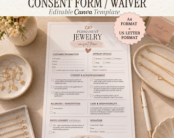 Puede incluir: Un formulario de consentimiento y exención de responsabilidad para joyería permanente en formatos A4 y US Letter. El documento incluye secciones para información del cliente, detalles de joyería, consentimiento, alergias y firmas, con corazones.