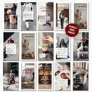 May include: A collection of fifteen vertical digital marketing templates for social media reels, featuring various lifestyle imagery, text overlays, and play buttons, presented in a grid layout with a red circular badge stating 20 REELS VIDEO FORMAT.