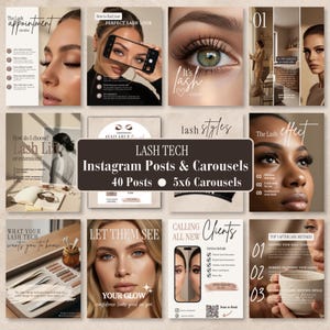 May include: A digital collection of 40 Instagram posts and 5x6 carousels for lash technicians, featuring text overlays, close-up photography of eyes with lash extensions, beauty tips, service menus, and appointment checklists in a neutral color palette.