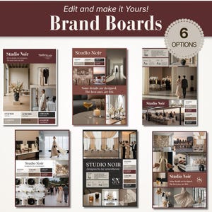 K&ouml;nnte beinhalten: Sechs Markenboard-Optionen in einem dunkelroten und cremefarbenen Farbschema. Jedes Board zeigt den Text "Studio Noir" und enth&auml;lt Bilder von Veranstaltungen, Dekorationen und Farbpaletten. Der obere Teil des Bildes lautet "Edit and make it Yours! Brand Boards".