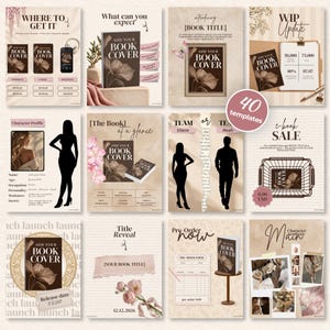 Puede incluir: Una colección de 40 plantillas digitales de marketing para promoción de libros, con tonos beige neutros, detalles florales y espacios para portadas de libros, perfiles de personajes, formularios de pedido y actualizaciones con texto.