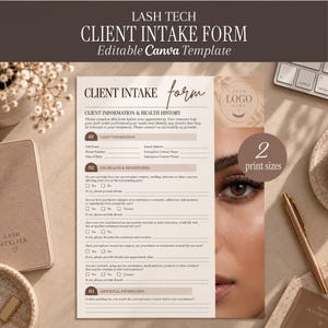 Könnte beinhalten: Eine beigefarbene und braune Vorlage für ein Kundenaufnahmeformular für Wimpernstylisten mit Abschnitten für Kundeninformationen, Gesundheitsgeschichte und Augenempfindlichkeiten sowie einem Platzhalter für ein kreisförmiges Logo.