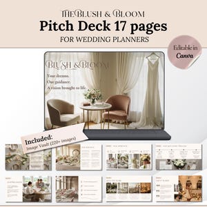 Puede incluir: Una plantilla de presentación digital de 17 páginas para organizadores de bodas titulada The Blush & Bloom, con diseños editables en Canva. El diseño incluye una pantalla de portátil, una colección de vistas previas y un banco de imágenes.