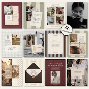May include: A collection of 50 digital social media templates featuring various layouts with neutral colour palettes, serif and script typography, paper textures, and photographic elements including portraits, landscapes, and stationery designs.