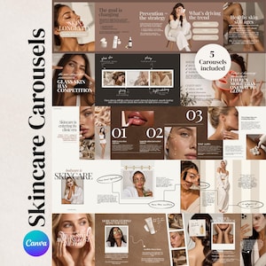 May include: A digital marketing template set for skincare featuring five carousel layouts. The design includes text overlays, photography of individuals applying skincare products, and graphic elements on a neutral brown and white background.