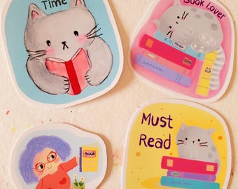 Katzen Buch Liebhaber Aufkleber - Kawaii lesendes Mädchen, Planner Journal Decals