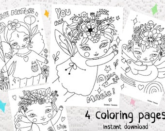 Coloring pages - Flower fairies. Cute girls. Fantasy. anime coloring pages, adults kids - instant download, printable