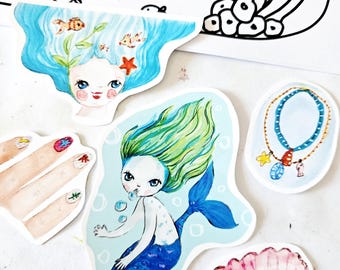 Watercolor Mermaid Sticker Pack: Glossy Vinyl Scrapbook Stickers