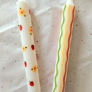 Set of 2 spring hand painted taper candles, strawberry candles, flower candles for dinner, dopamine decor, red, orange, green candles