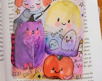 Halloween laminated bookmark - illustrated bookmarks, witchy bookmark, handmade bookmarks by Susana Tavares