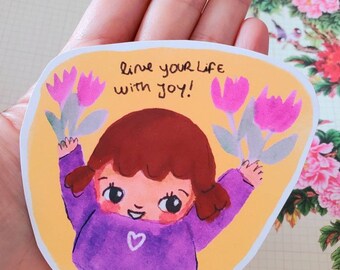 Joy - large sticker for planner, journal, agenda, decoration, positive words, Labels, cute illustration, girl, flowers