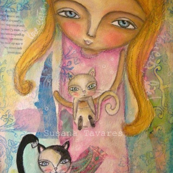 Cat lover - art Print from original mixed media painting 8 x 10"