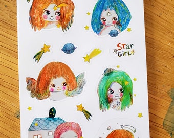 Star girl sticker sheet- cute sticker sheet, cute stickers, planner sticker sheets, angel stickers,bullet journal stickers, star and planets