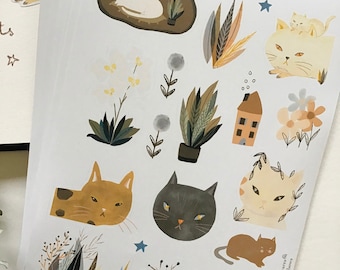 Hoja de pegatinas de gatos y plantas - Vinilo mate ilustrado, A5