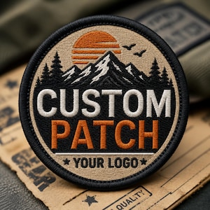 May include: A circular embroidered patch featuring a mountain range, pine trees, and an orange sun. The text CUSTOM PATCH is stitched in white and orange, with the words YOUR LOGO centered below, all enclosed by a thick black stitched border.