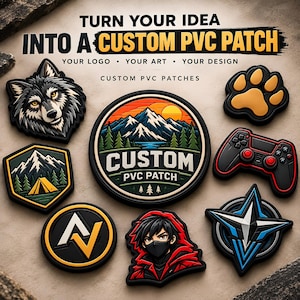 May include: A collection of custom PVC patches featuring various designs including a wolf head, a mountain landscape, a paw print, a game controller, a geometric logo, an anime character in a red hood, and a star emblem with the text TURN YOUR IDEA INTO A CUSTOM PVC PATCH.