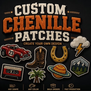 Peut inclure: Écussons chenille personnalisés avec le texte CUSTOM CHENILLE PATCHES CREATE YOUR OWN DESIGN. Inclut des écussons en forme de voiture rouge, botte, fer à cheval, nuage, cassette, palmier, planète et montagnes. Icônes : ANY SHAPE, ANY COLOR, BULK ORDERS, FAST PRODUCTION.