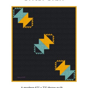 May include: A modern throw quilt with a geometric design. The quilt features a black background with repeating teal and gold shapes, framed by a gold border. The text "OFFSET ORBIT" is at the top. The quilt measures 62" x 72".