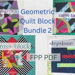 May include: A collection of geometric quilt blocks, including star, curve, cross, and stepstone designs. The blocks feature various colors and patterns, with text overlays indicating block names and "FPP PDF".