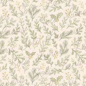 Puede incluir: Un patrón sin costuras con un tema botánico. El diseño presenta varias hojas, ramitas y bayas verdes y doradas sobre un fondo crema. El diseño evoca una estética vintage o rústica, adecuada para telas o papel.