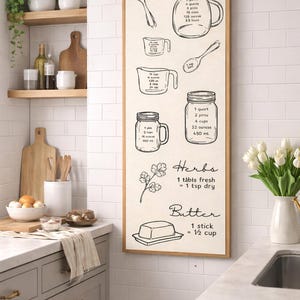 Könnte beinhalten: Ein gerahmter Küchenkunstdruck mit schwarzen Strichzeichnungen von Messwerkzeugen und Umrechnungen. Der Druck enthält einen Krug, Messbecher und Gläser mit Text, der Maße wie 1 Gallone, 1 Quart und 1 Stick angibt. Der Hintergrund ist hellbeige.