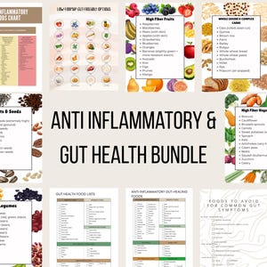 Puede incluir: Gráfico "Anti-Inflamatorio y Paquete de Salud Intestinal" con tablas de alimentos. Incluye frutas, verduras, nueces, semillas, legumbres y cereales. También incluye listas de alimentos a evitar para la salud intestinal.