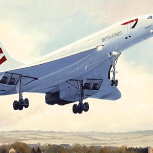 Letzter Flug von Concorde G-BOAF nach Filton, Bristol. Limitierter Druck, signiert von der Künstlerin und einem Concorde Kapitän.