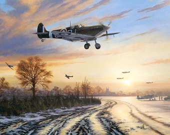 RAF Spitfire limited edition print Spitfires Safely Home returning to Biggin Hill Kent. Signed by artist & Battle of Britain pilot G Wellum