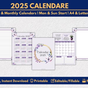 Calendario imprimible 2025 / Planificador mensual y anual / Tamaño A4 y carta de EE. UU. / Inicio en domingo y lunes / Floral, inspirador y motivador