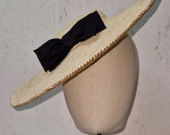 Handwoven Toquilla Straw Fascinator with Black Bow