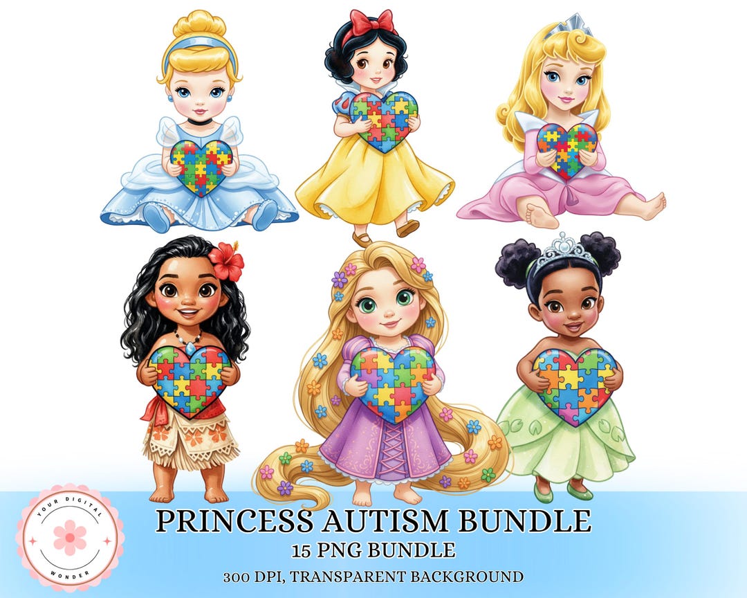 All Princess Autism Png Bundle, Autism Awareness PNG Bundle, Watercolor ...