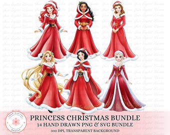 Alle prinses png-bundel, aquarel kerstprinses png-bundel, prinses-clipart, kerst-png, prinses kerst-png, digitale download