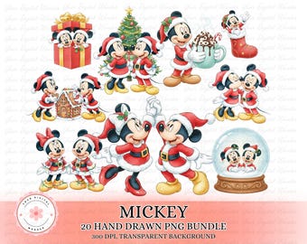 Może przedstawiać: Kolekcja ilustracji Myszki Miki i Myszki Minnie w świątecznym klimacie. Myszka Miki i Myszka Minnie ubrane są w stroje Świętego Mikołaja, z choinką, pudełkiem na prezenty, chatką z piernika i kulą śnieżną. Widoczny jest również tekst "Mickey" i "20 Hand Drawn PNG Bundle".