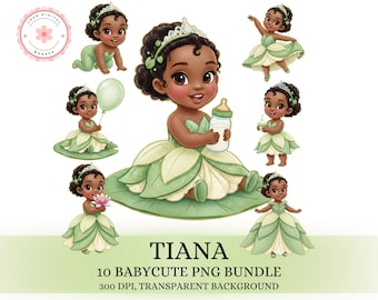 Baby Tiana Clipart PNG, Princess Tiana, Green Dress Crown Cute Girl, Printable Princess, Hand Drawn, Fairytale Party Nursery, Tiana Clipart