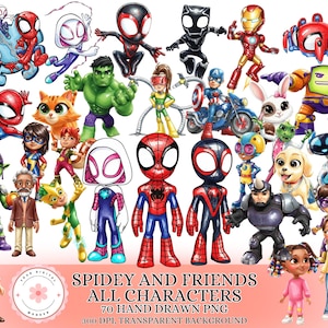 Puede incluir: Una colección de ilustraciones coloridas y dibujadas a mano de varios personajes de Spider-Man y sus amigos. La imagen incluye personajes como Spider-Man, Spider-Gwen e Iron Man, con el texto "SPIDEY AND FRIENDS ALL CHARACTERS".