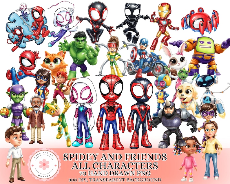 May include: A vibrant collection of hand-drawn illustrations featuring Spider-Man characters and friends. The image showcases characters such as Spider-Man, Spider-Gwen, and the Hulk, with the text "SPIDEY AND FRIENDS ALL CHARACTERS".
