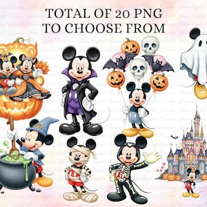 K&ouml;nnte beinhalten: Digitale Illustration von Mickey Mouse in Halloween-Kost&uuml;men, darunter Vampir, Mumie und Skelett. Das Bild zeigt K&uuml;rbisse, Flederm&auml;use und ein Schloss, mit dem Text "TOTAL OF 20 PNG TO CHOOSE FROM". Das Thema ist Halloween.