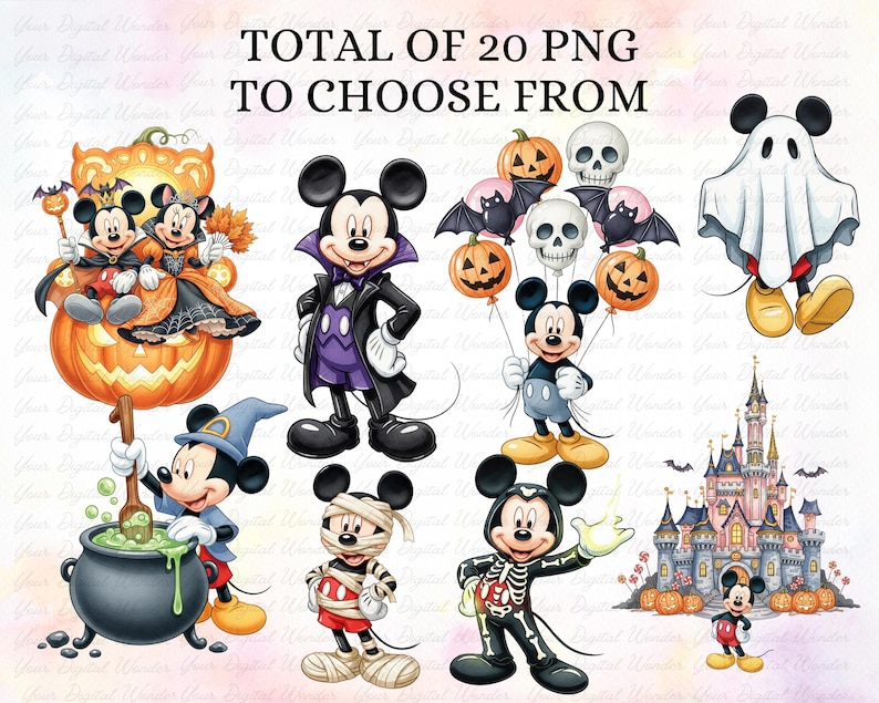 K&ouml;nnte beinhalten: Digitale Illustration von Mickey Mouse in Halloween-Kost&uuml;men, darunter Vampir, Mumie und Skelett. Das Bild zeigt K&uuml;rbisse, Flederm&auml;use und ein Schloss, mit dem Text "TOTAL OF 20 PNG TO CHOOSE FROM". Das Thema ist Halloween.