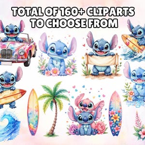 May include: Watercolor illustrations of the character Stitch in various poses. Stitch is shown with surfboards, in a car, and with flowers. The text "TOTAL OF 160+ CLIPARTS TO CHOOSE FROM" is at the top of the image.