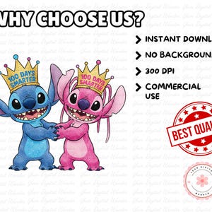 Op de afbeelding: Digitale afbeelding met twee stripfiguren, een blauwe en een roze, die elk een gouden kroon dragen met de tekst "100 Days Smarter". De afbeelding bevat de tekst "Why Choose Us?" en "Best Quality".