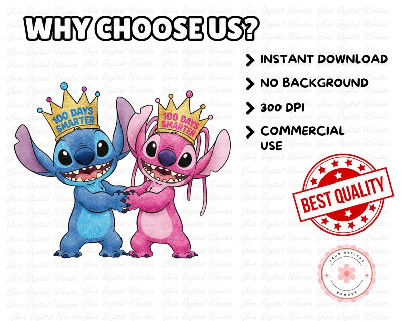 Op de afbeelding: Digitale afbeelding met twee stripfiguren, een blauwe en een roze, die elk een gouden kroon dragen met de tekst "100 Days Smarter". De afbeelding bevat de tekst "Why Choose Us?" en "Best Quality".