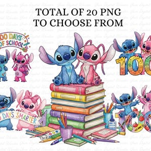 Op de afbeelding: Een verzameling kleurrijke PNG-afbeeldingen met de personages Stitch en Angel uit Lilo & Stitch. De afbeeldingen bevatten Stitch en Angel met schoolthema-elementen, boeken en de tekst "100 Days of School" en "100 Days Smarter". De tekst "TOTAL OF 20 PNG TO CHOOSE FROM" is ook aanwezig.