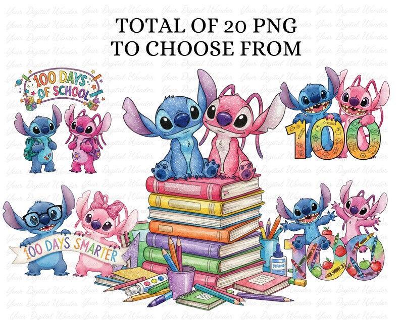 Op de afbeelding: Een verzameling kleurrijke PNG-afbeeldingen met de personages Stitch en Angel uit Lilo & Stitch. De afbeeldingen bevatten Stitch en Angel met schoolthema-elementen, boeken en de tekst "100 Days of School" en "100 Days Smarter". De tekst "TOTAL OF 20 PNG TO CHOOSE FROM" is ook aanwezig.