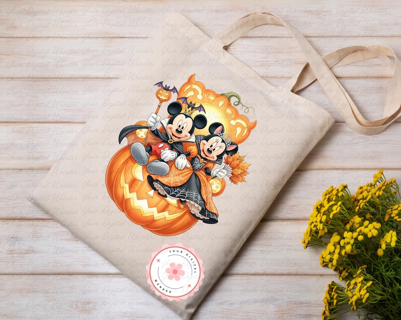K&ouml;nnte beinhalten: Beige Tragetasche mit einem Halloween-Design mit Mickey und Minnie Mouse in Kost&uuml;men, die auf einem orangefarbenen K&uuml;rbis sitzen. Die Tasche hat lange Henkel und ein kleines, rundes Logo unten.