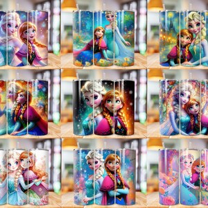 May include: Set of nine sublimation designs featuring the Disney characters Elsa and Anna from Frozen. The designs are on a white background with a blue, purple, and pink colour scheme. The designs are perfect for creating custom tumblers, mugs, and other personalised gifts.