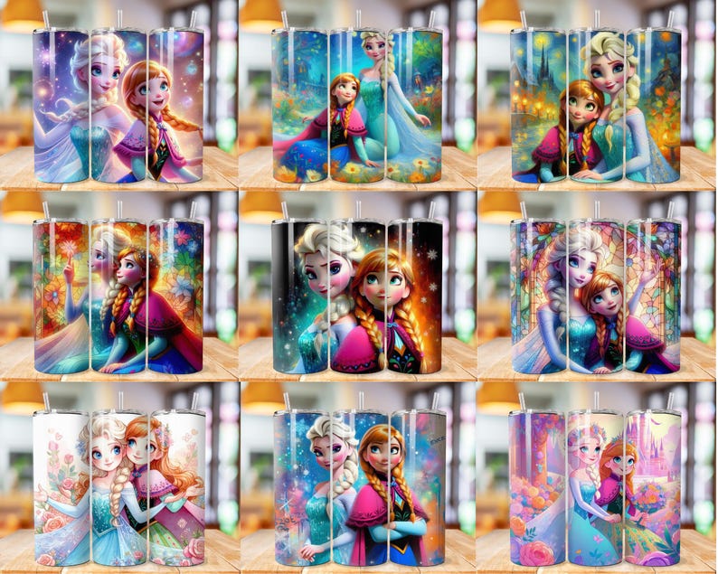 May include: Set of nine sublimation designs featuring the Disney characters Elsa and Anna from Frozen. The designs are on a white background with a blue, purple, and pink colour scheme. The designs are perfect for creating custom tumblers, mugs, and other personalised gifts.